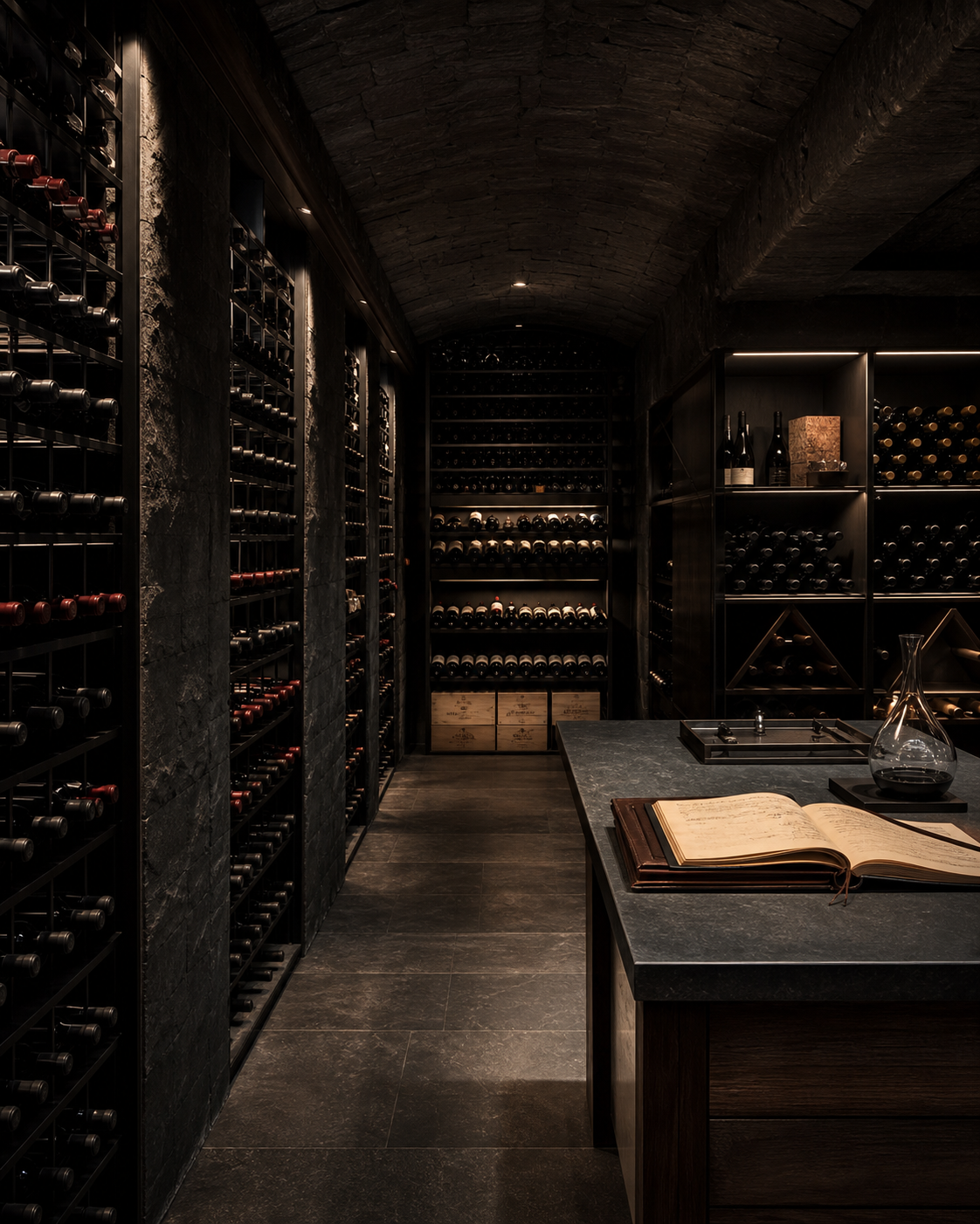 A private wine cellar with carefully organized bottles and a collection ledger